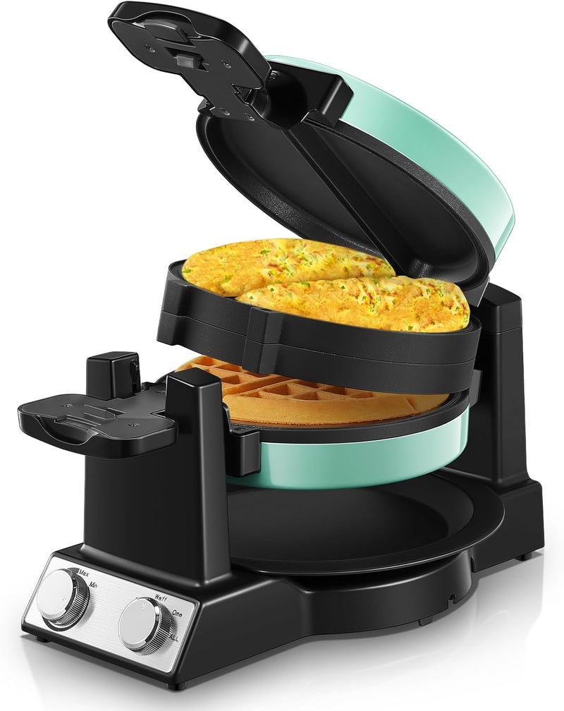 FOHERE 2-in-1 Omelette Maker&Waffle Maker, 1400W Omelet Waffle Maker 180° Flip, Adjustable Browning Control, Non-Removable & Nonstick Pans, Make Two Omelet and One Waffle at Once for Home (Mint Green) - Image 1